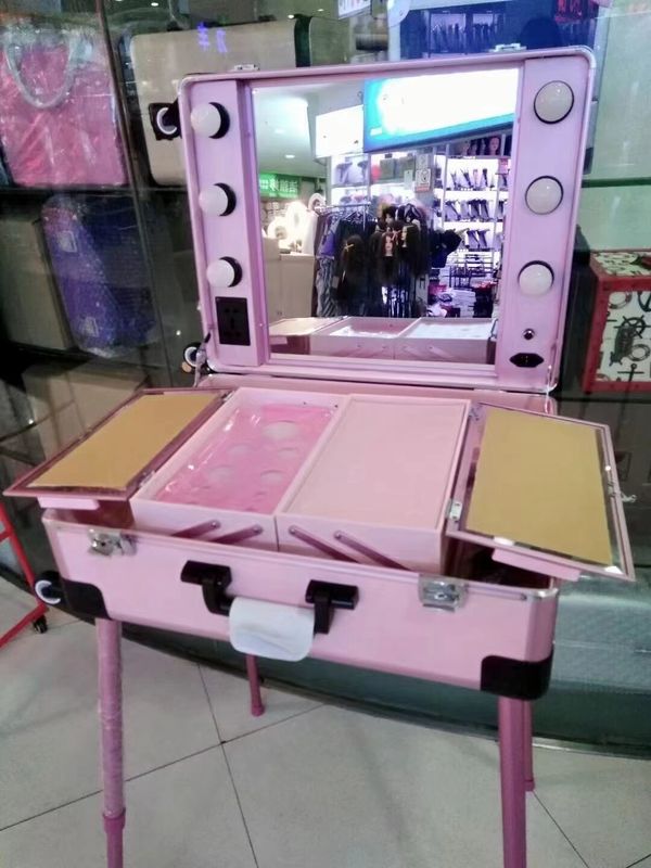 Make-up Case verstelbare staande benen Heavy Duty Koffer Led Light Mirror Cosmetic Rolling 4 Wheels Trolley Make-up Case