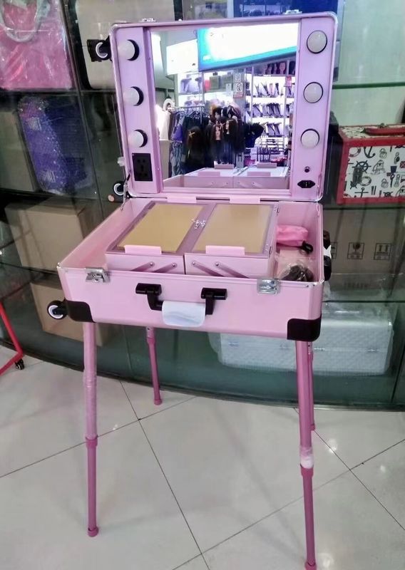 Make-up Case verstelbare staande benen Heavy Duty Koffer Led Light Mirror Cosmetic Rolling 4 Wheels Trolley Make-up Case