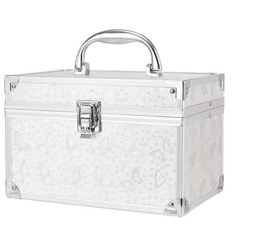 Zilver vergrendelbare aluminium legering cosmetische opslagdoos voor professionele kunstenaar draagbare make-up trein geval met handvat