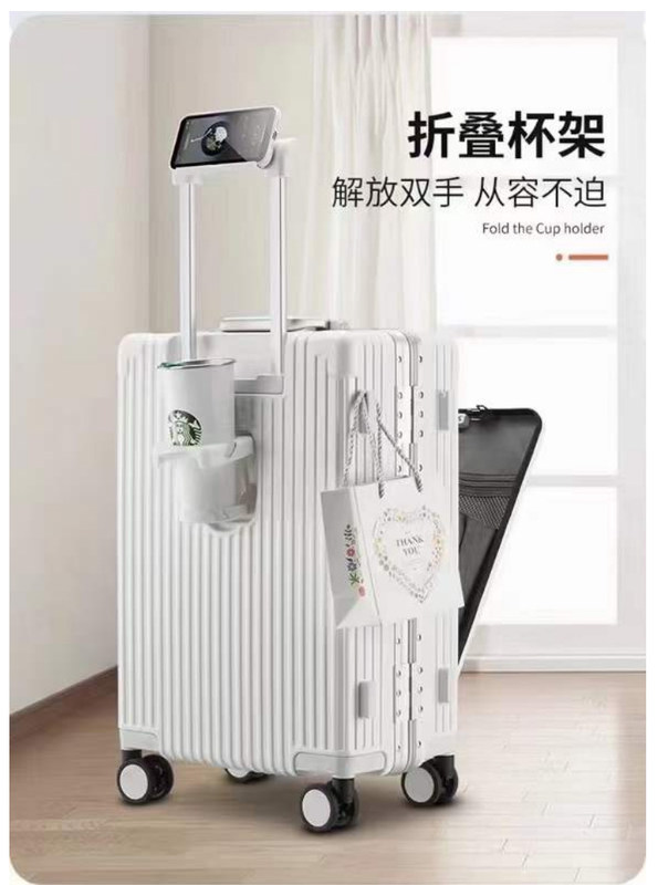 24-inch koffer voor open harde aluminiumschaal met USB-oplaadpoort TSA-slotbekerhouder en middelgrote telefoonhouder